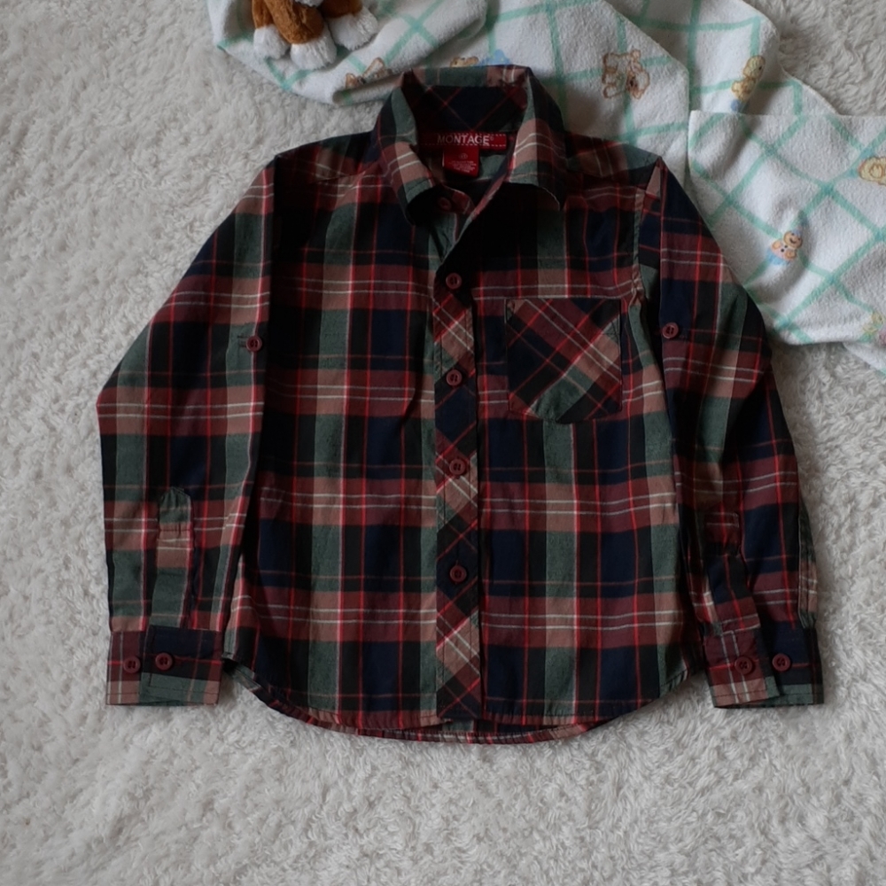 Montage Boys Long Sleeved Red, Green and Blue Plaid Button Down Shirt Size 4T